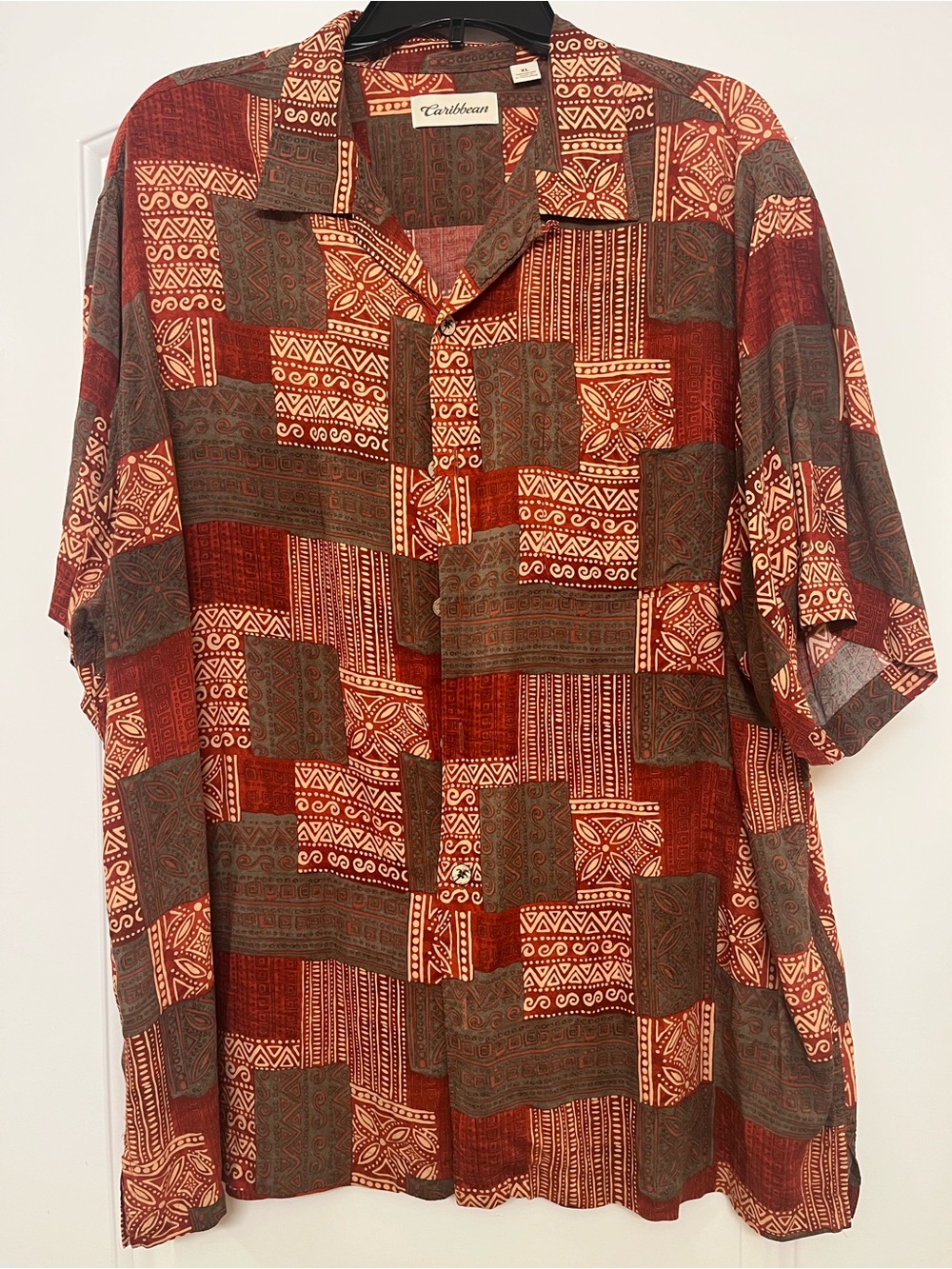 Caribbean Multi-tone Red and Brown tribal/geometric patchwork Shirt Size XL